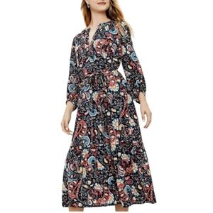 LOFT Shimmer Floral Paisley Long Sleeves Tie Neck Midi Dress, M